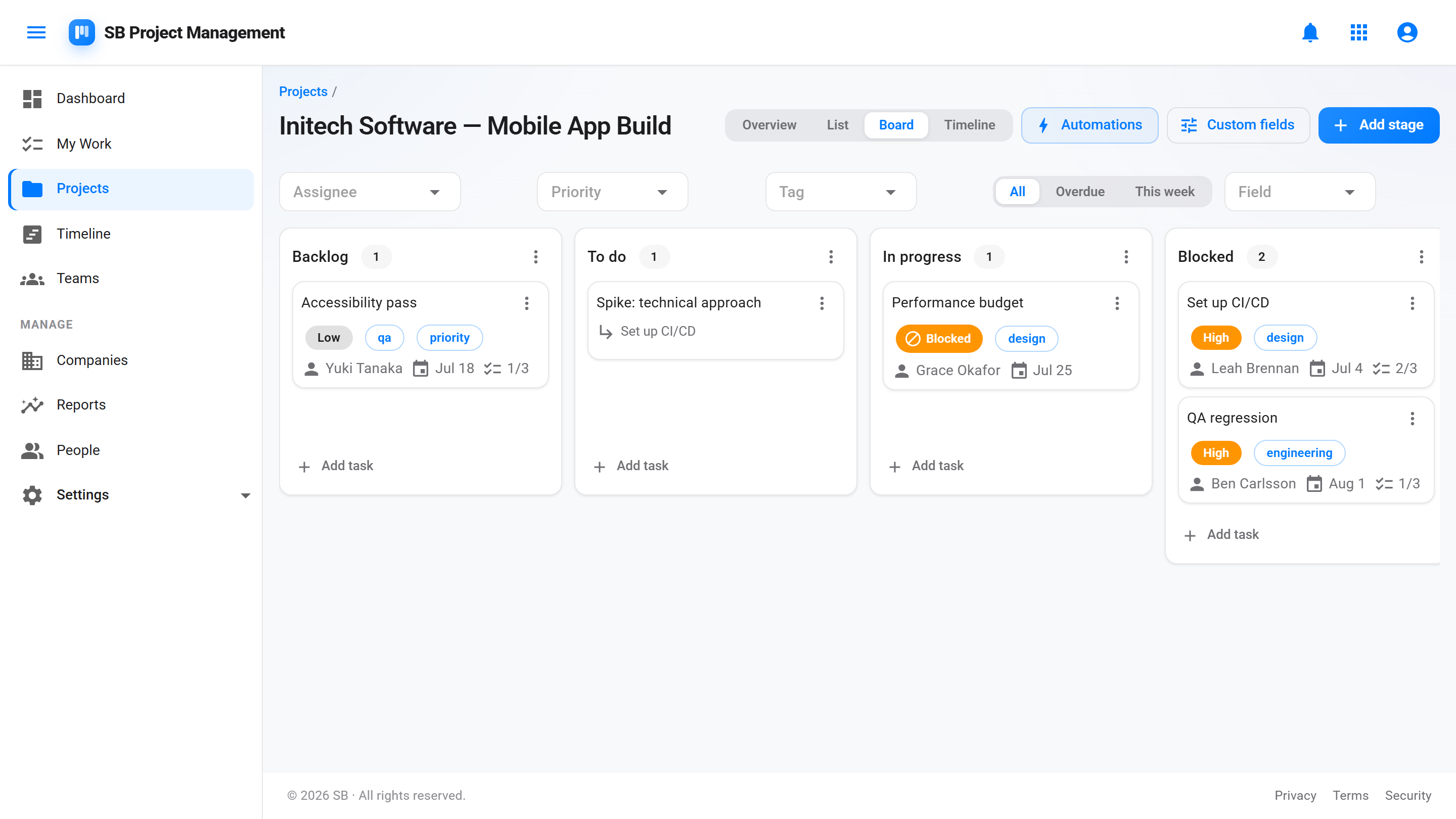 SB Project Management — task board
